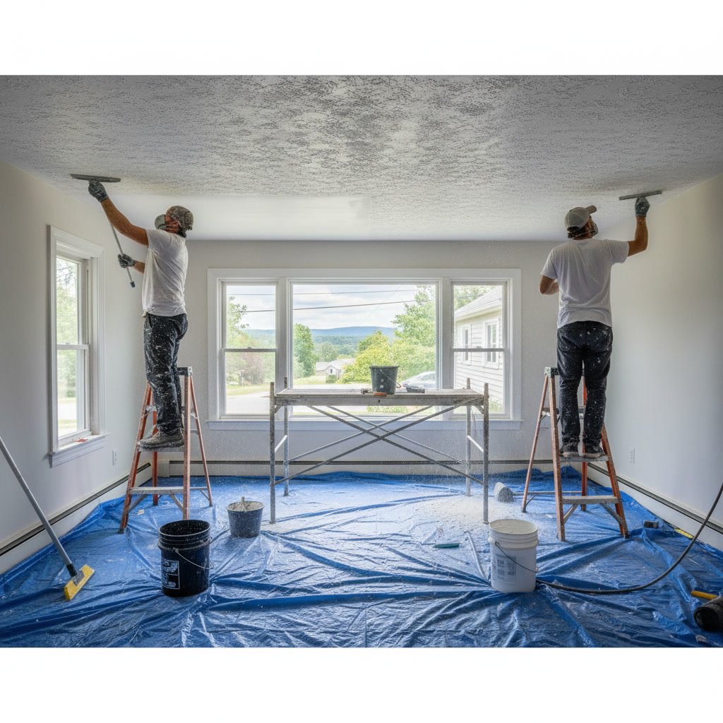 Close-up of popcorn ceiling texture before removal in Fishkill home