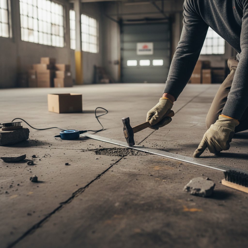 Concrete floor being inspected for cracks and moisture before epoxy preparation