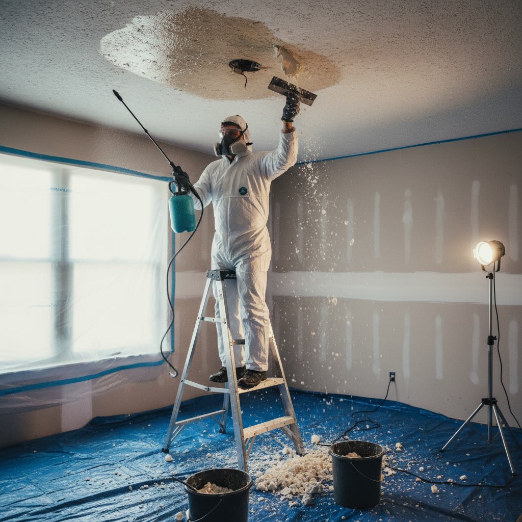 Professional applying skim coat after popcorn ceiling removal