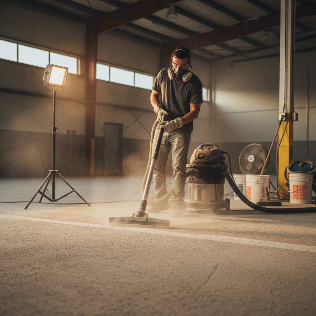 Clean and profiled concrete floor ready for epoxy coating application