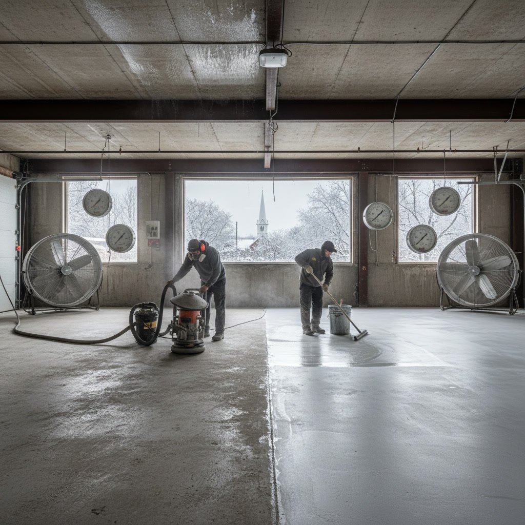 Polyurethane floor sealer being applied to basement floor