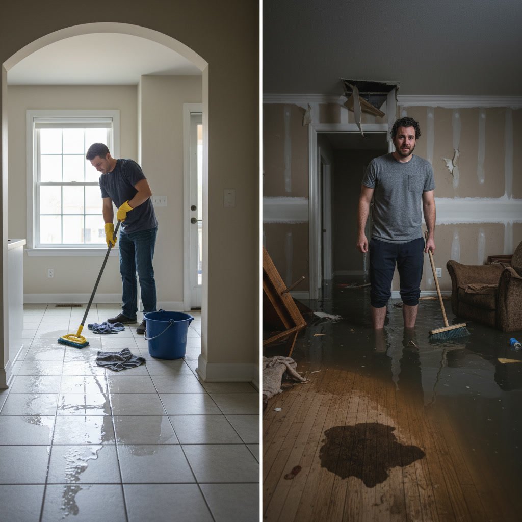 Restored interior room after professional water damage restoration showing repaired drywall and fresh paint