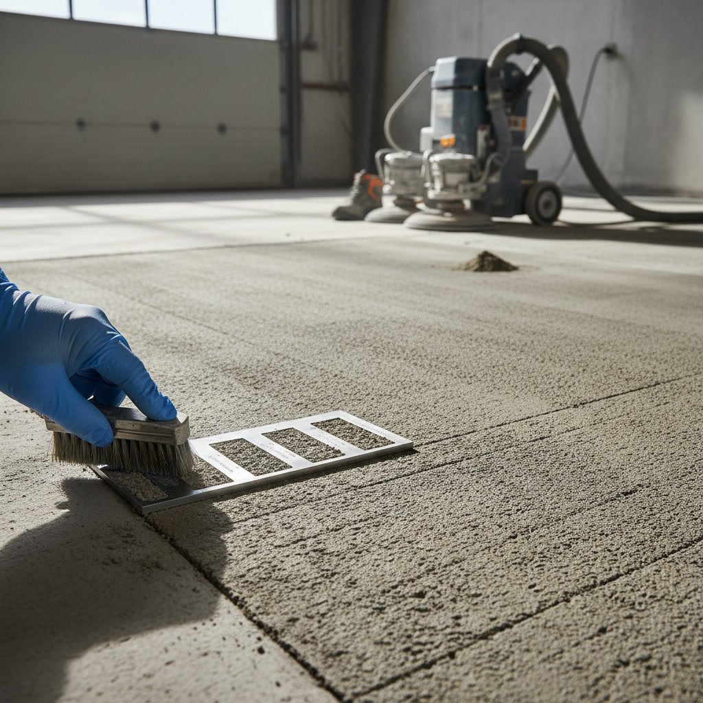 Professional applying surface profile test to prepared concrete before epoxy coating