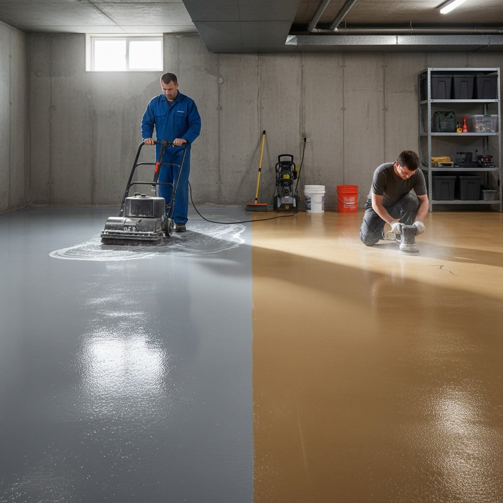 Finished basement floor with protective coating