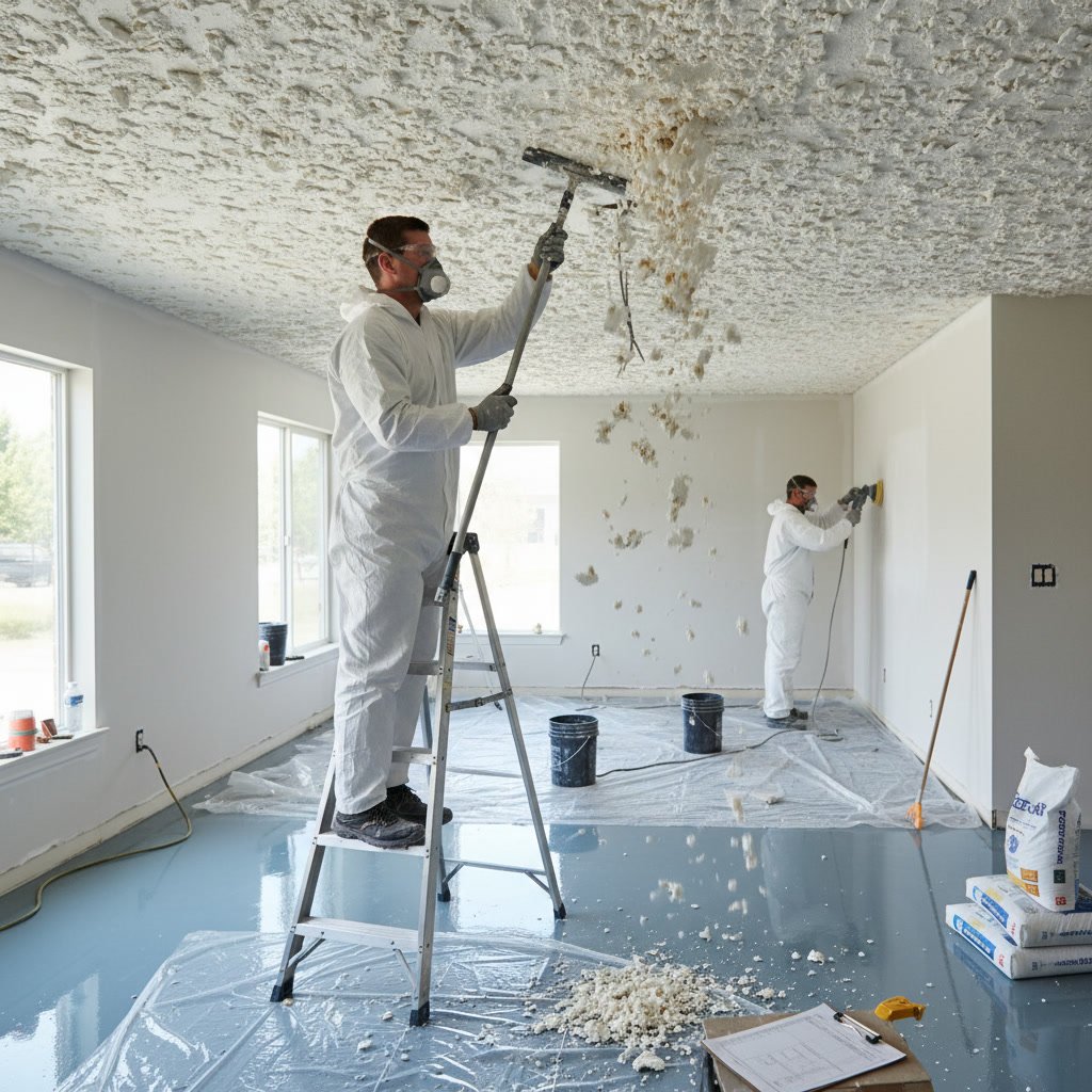 Professional popcorn ceiling removal in progress in Fishkill NY home
