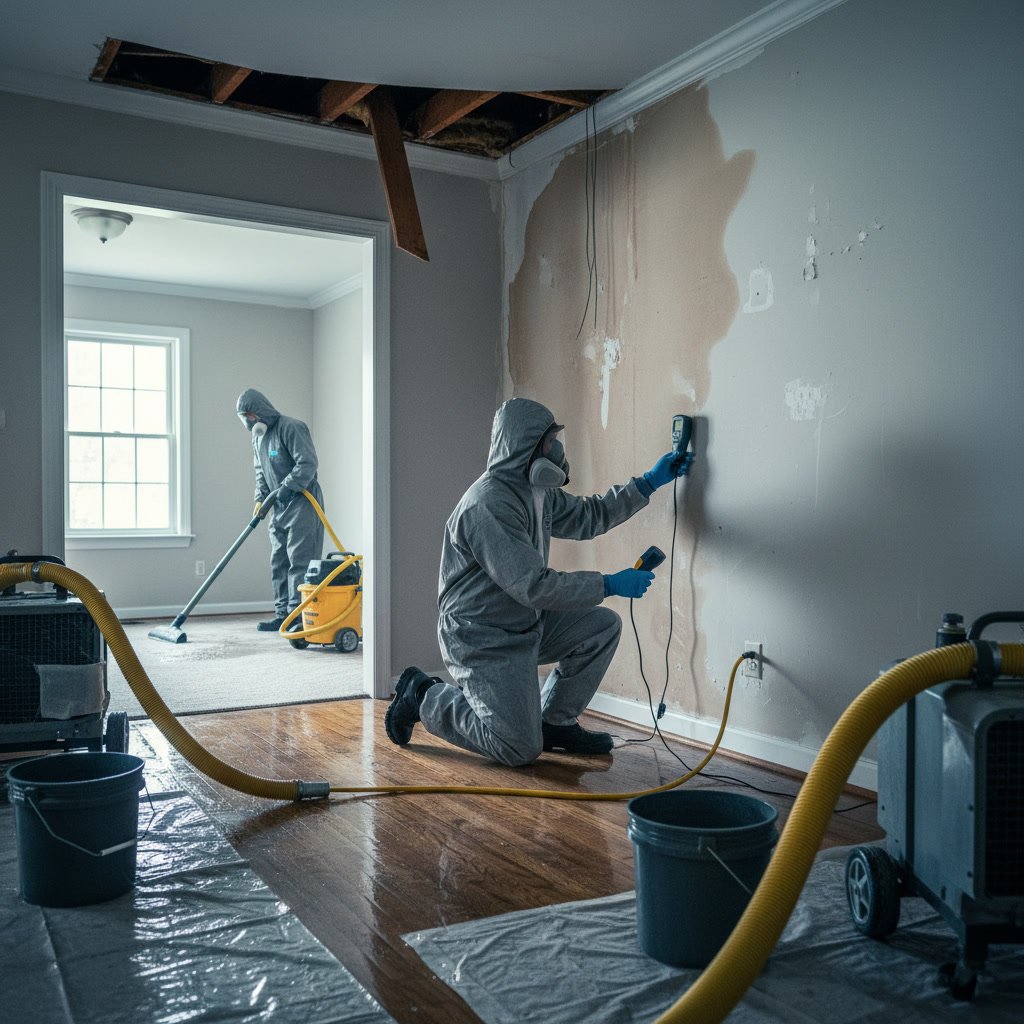 Professional water damage restoration technician inspecting wet ceiling and walls in Poughkeepsie home