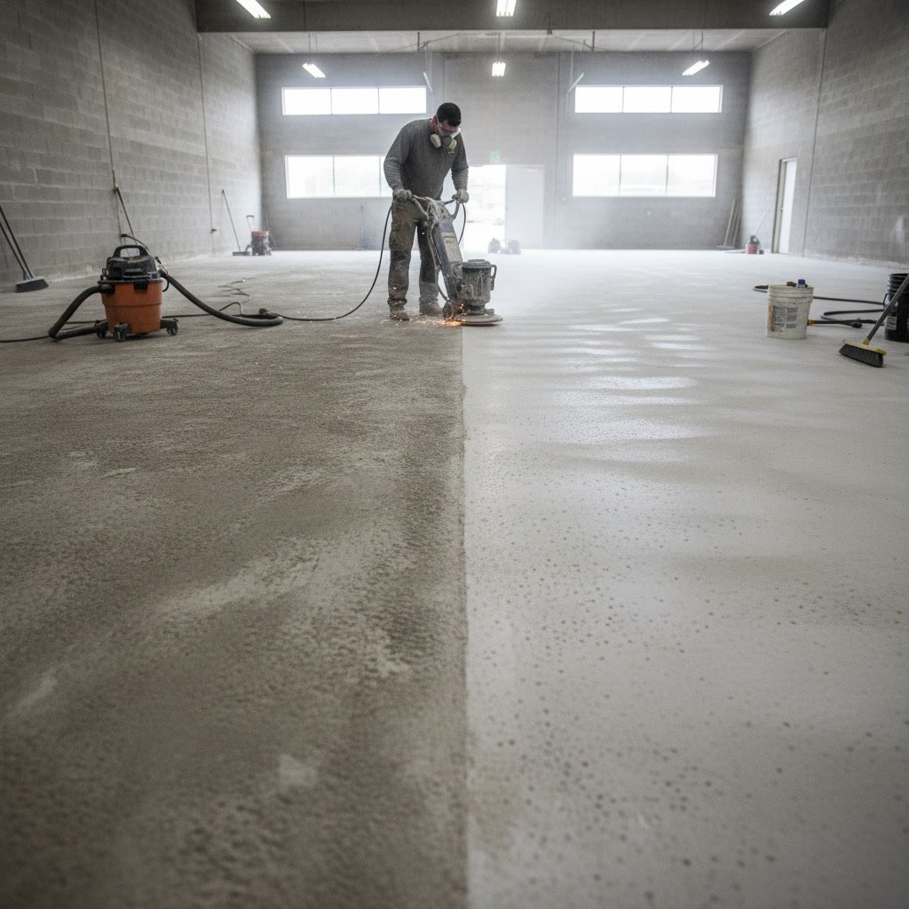 Professional contractor preparing concrete floor for epoxy coating application in residential garage