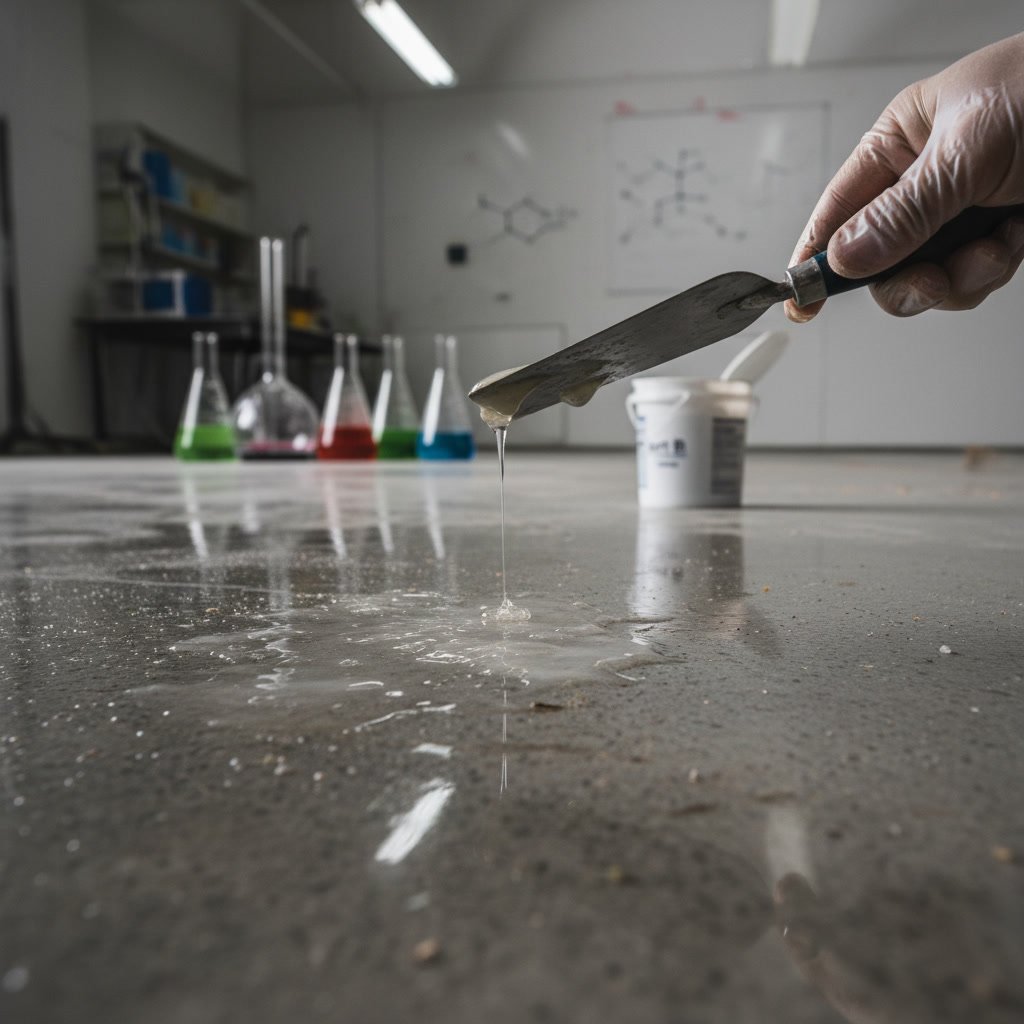 close up view of sticky epoxy floor coating showing tacky surface texture