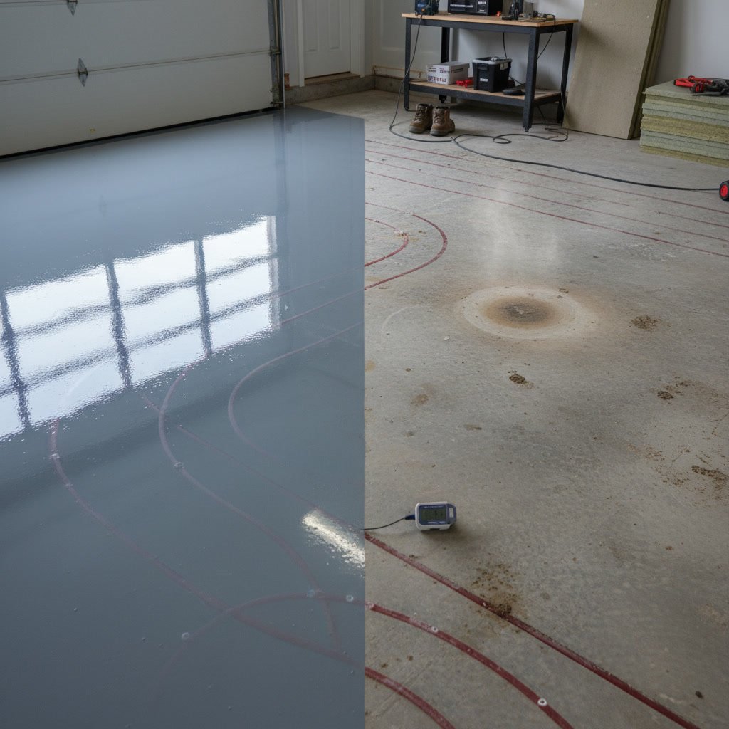 Epoxy coating applied over radiant heated concrete floor in modern basement