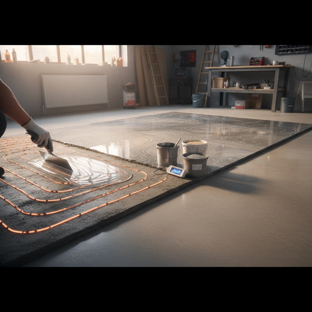 Cross-section showing epoxy coating over radiant heated concrete floor with tubing