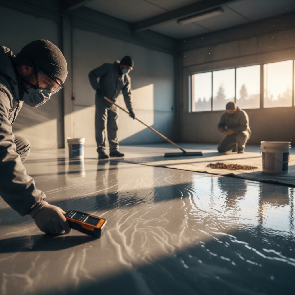 finished epoxy garage floor with hard glossy surface after proper curing