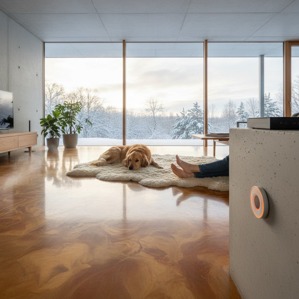 Finished epoxy floor coating over radiant heated concrete in residential garage