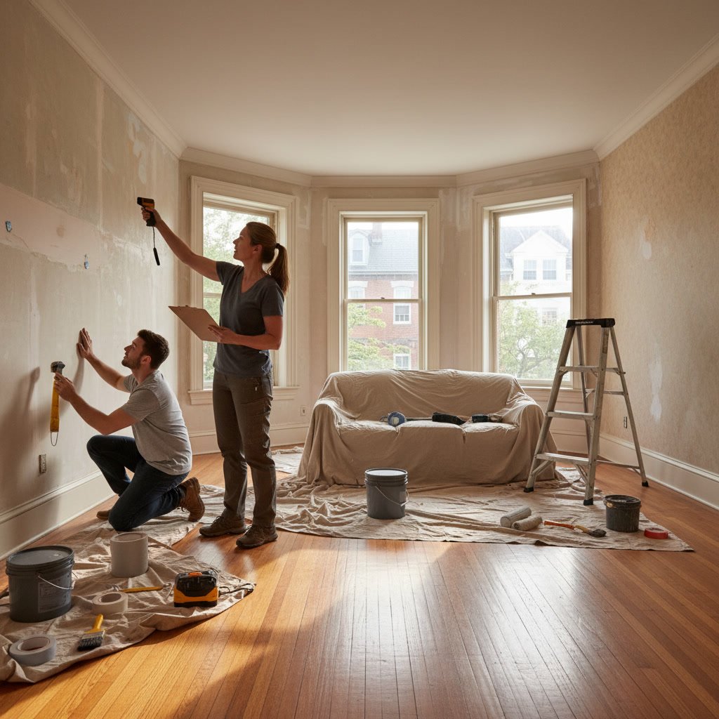 Professional painter inspecting interior walls and taking measurements during residential painting assessment