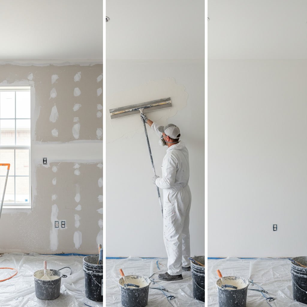 Professional applying skim coat to interior wall before painting