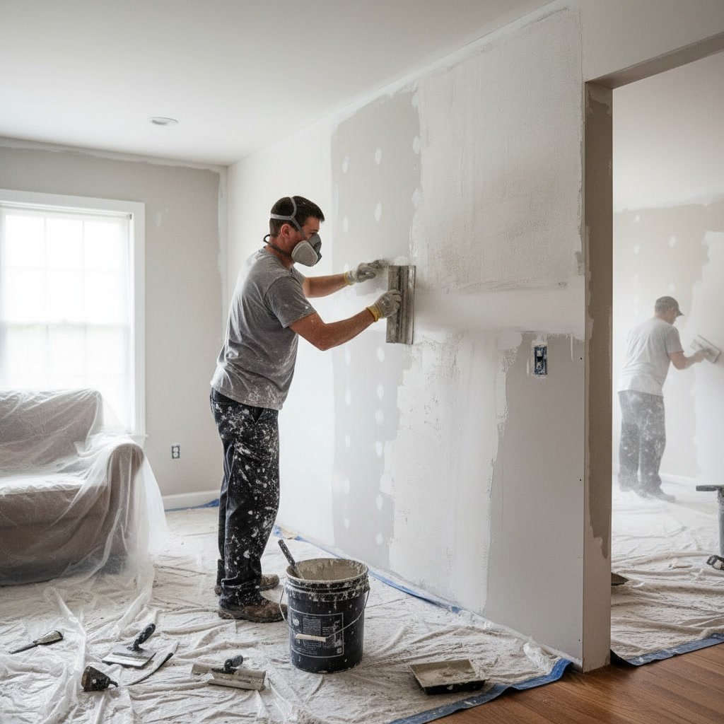 Smooth skim coated wall ready for interior painting in Dutchess County home