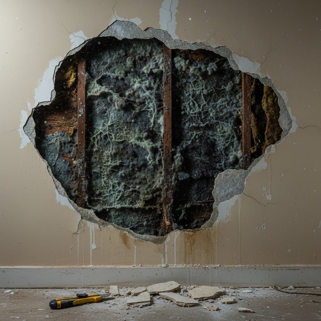 Mold growth on damaged drywall requiring professional replacement