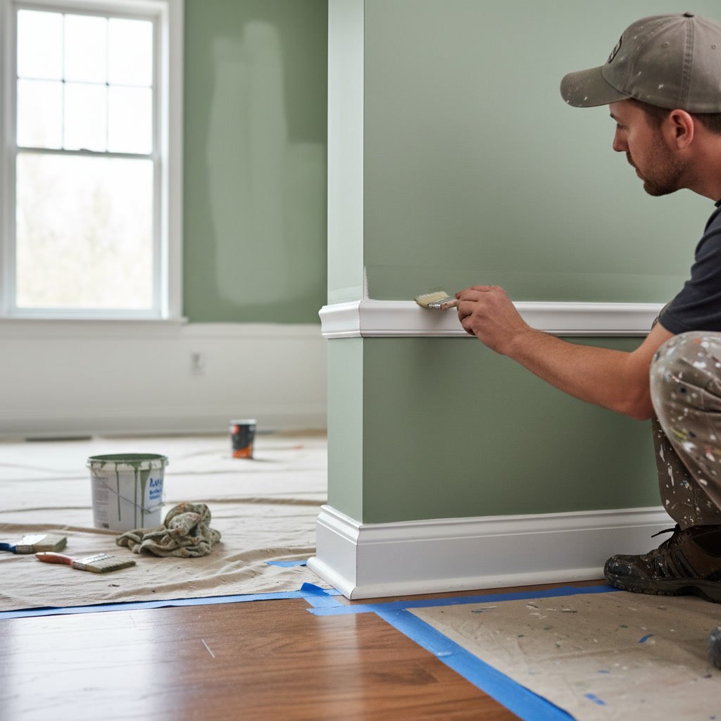 Painter cutting in edges with brush along ceiling line during interior painting project