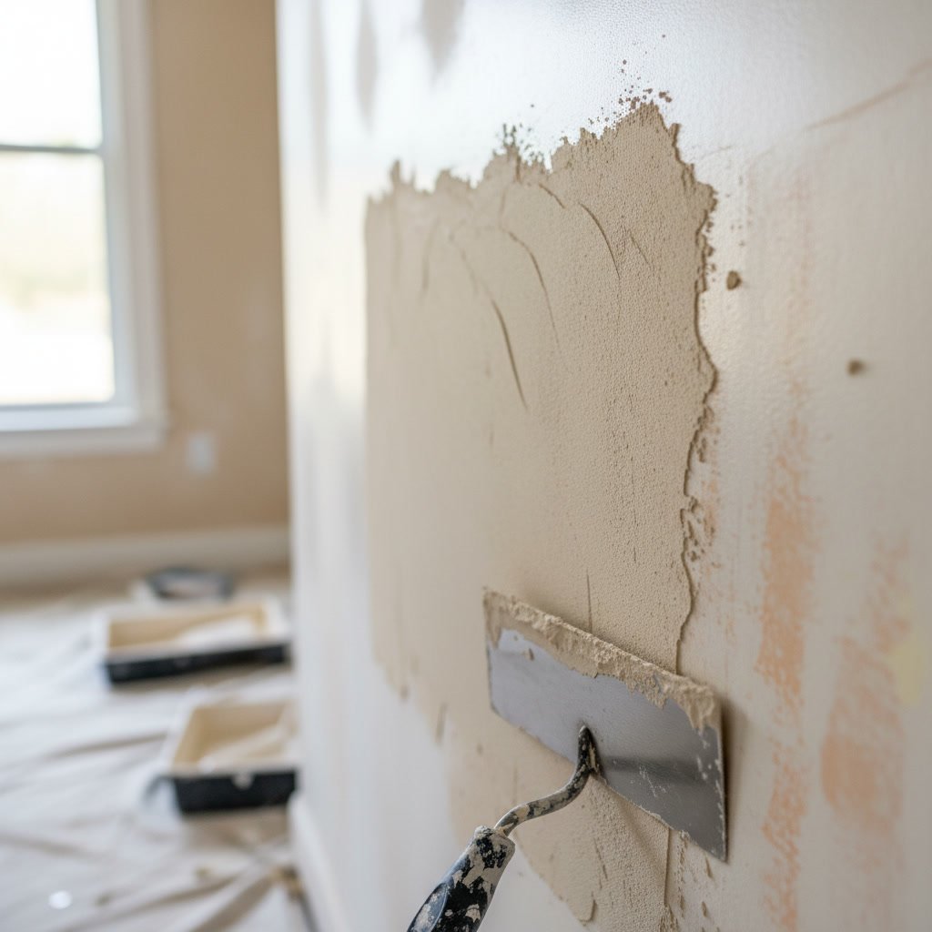 Comparison of repaired drywall section ready for residential painting