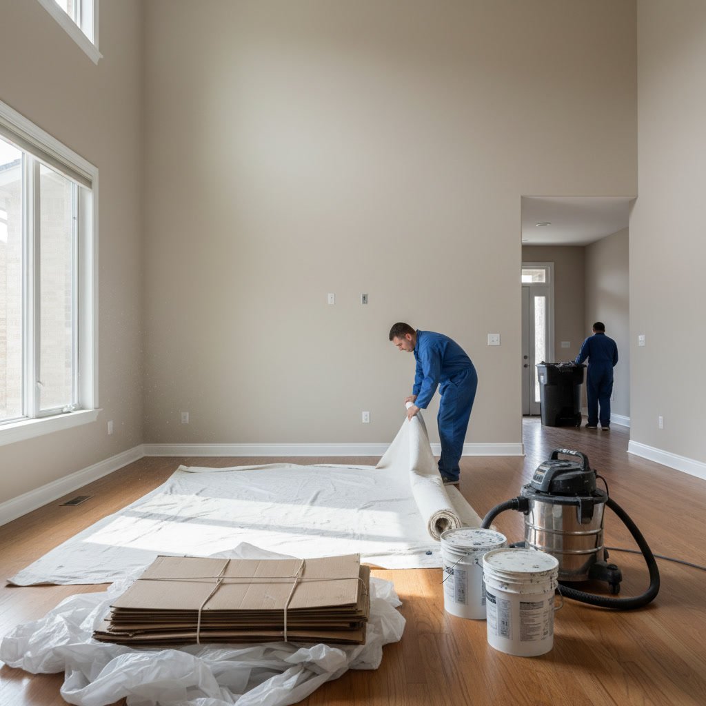 Clean and protected room interior during professional painting project with drop cloths and supplies