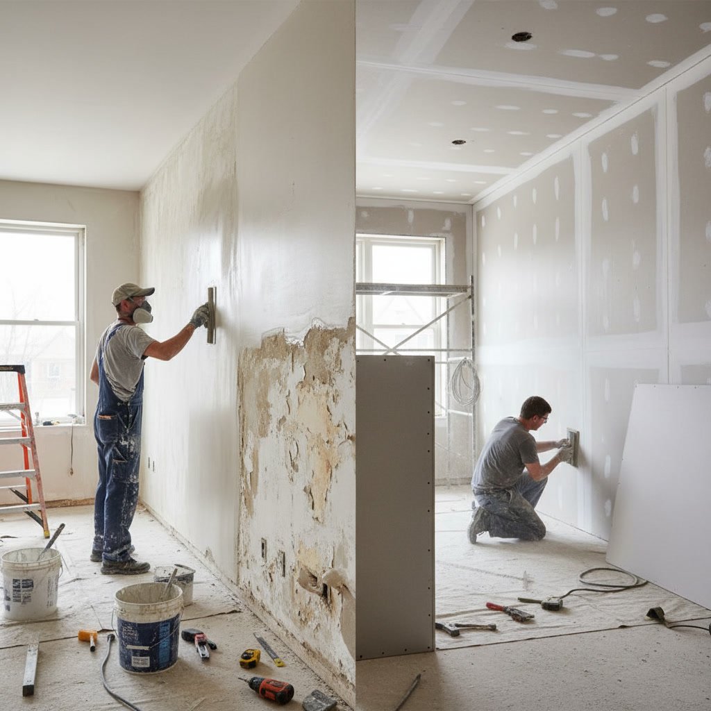 Contractor evaluating damaged interior wall to determine best repair method before painting