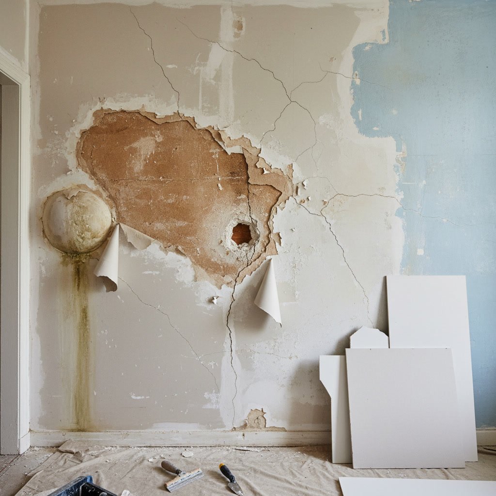 Professional drywall installation in progress showing damaged wall being replaced