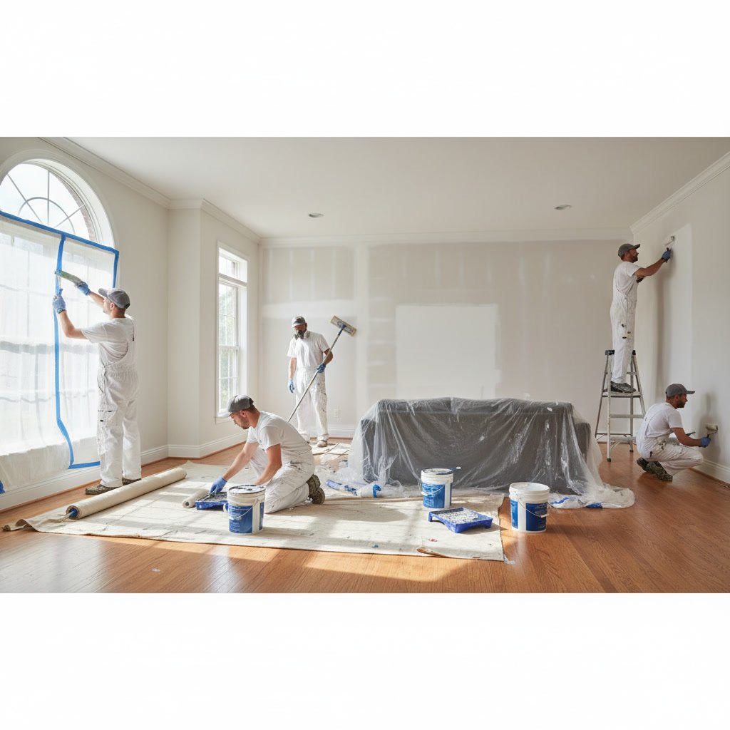 Professional painter applying smooth finish coat to interior wall during residential painting project