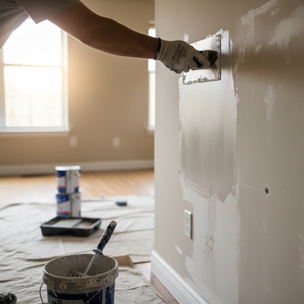 Professional painter inspecting interior wall texture before skim coating